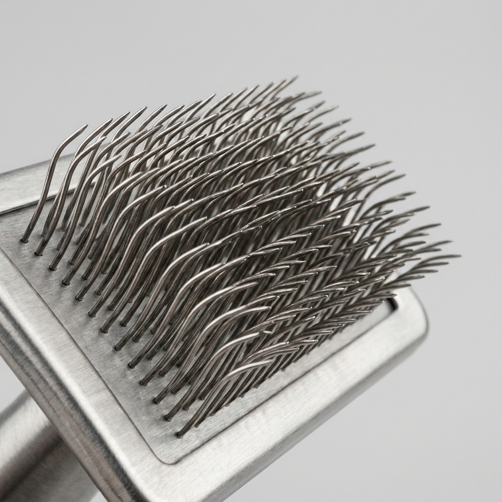 Close-up of stainless steel deshedding bristles