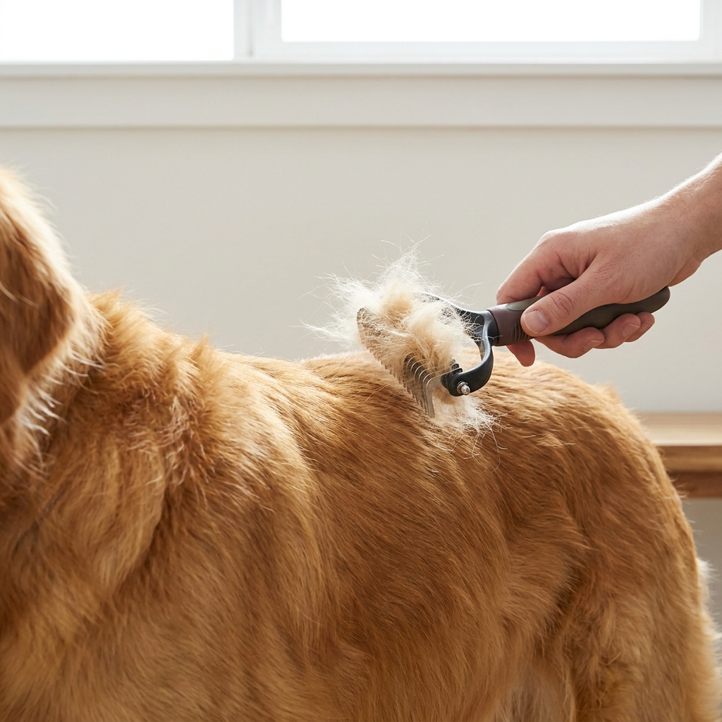 Deshedding brush removing loose fur from golden retriever