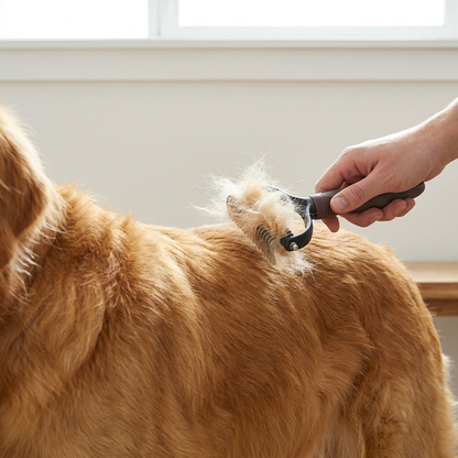 Deshedding brush removing loose fur from golden retriever