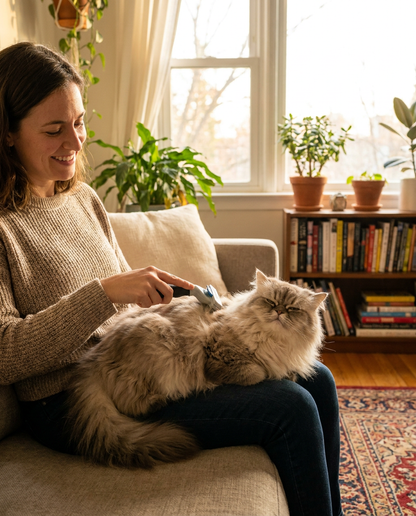 Woman grooming a fluffy cat with PawNest DeShed Pro